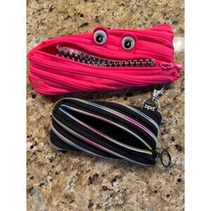 Zipit Pencil Pouch Lot 2 Monster Pink Googly Eyes Black Rainbow Zipper